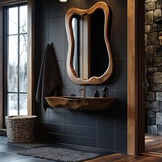 a bathroom with a sink, mirror and towel rack in it's corner next to a window