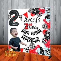 a birthday card with an image of a boy in black and red balloons on it