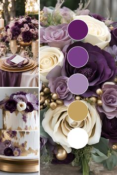 a collage of photos with purple and white flowers, gold accents, and cake