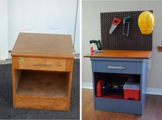 two pictures side by side one with a desk and the other with an open drawer