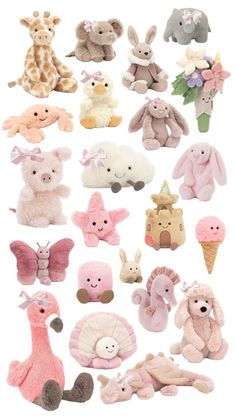 many different stuffed animals are shown together