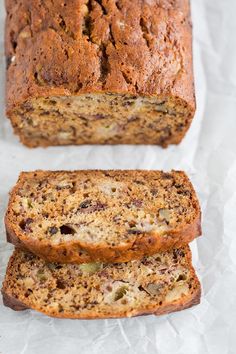 two slices of banana bread sitting on top of white paper