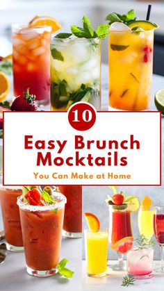 A collection of vibrant brunch mocktails in tall and short glasses garnished with fresh fruit, herbs, and ice. Features refreshing non-alcoholic drinks like Bloody Mary, citrus spritzers, and fruity mocktails. Perfect for brunch, parties, or gatherings. Colorful and easy-to-make beverage recipes.