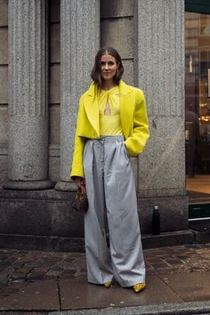 Denmark Street Style, Balenciaga Street Style, Yellow Balenciaga, Empire Yellow, Eyewear Trends, Copenhagen Fashion, Scandinavian Fashion, Party Pants, Copenhagen Style