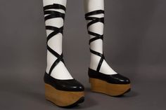 For Sale on 1stDibs - A rare pair of Vivienne Westwod black leather 'Rocking Horse' shoes with wooden platforms and extra long ankle straps, circa 1980s. Vivienne Westwood Boots, Vivienne Westwood Shoes, Kei Visual, Dr Shoes, Tabi Shoes, Japanese Street Fashion, Rocking Horse, Ankle Straps, Lace Up Flat