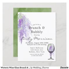 the brunch and bubbly wedding card is shown with a glass of wine