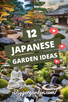 A collage of serene Japanese garden ideas featuring traditional elements like stone lanterns, a Buddha statue, and a koi pond. Backyard Landscaping Japanese, Zen Garden Plants Outdoor, Very Small Garden Design, Japanese Shade Garden, Japanese Inspired Gardens Small Spaces, Japanese Style Garden Backyards, Japanese Garden Inspiration, Garden Design Japanese Style, Landscaping For Small Yards