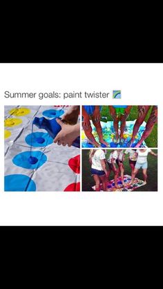 several pictures of people painting with different colors and patterns on the ground, including one woman in white shirt