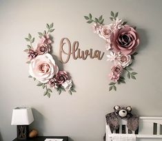 a baby's room decorated with pink flowers and the name aurora