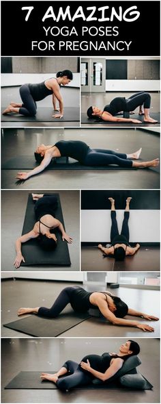 a woman is doing yoga poses on her stomach and back with the caption 7 amazing yoga poses for pregnant women