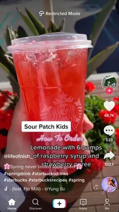 someone is holding up a cup with drinks in it and the text reads sour patch kids lemonade with 6 pumps