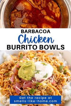 chicken burrito bowls with salsa and guacamole on top