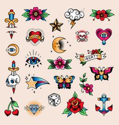 an assortment of tattoo designs on a pink background