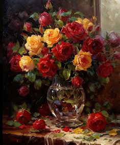 a painting of red and yellow roses in a vase