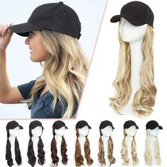 Product Details: 1.Hair Material: Heat Resistant Synthetic Fiber 2.Type:Cosplay Wig/Patient Hat Wig/Cap Wig for Women 3.Size-Net weight:16"-290g;18"-290g How does the wig look like? This baseball hat is standard size with an stripe to adjust size. Most clients could find a poper way to wear it. The hair attached on the cap is about 16 inches/18 inches long, you can trim or cut it by yourself. You can also tie a ponytail to make it more natural. The buckt hat wig is very casual style, you can wea Over 40 Hair, Baseball Hat Hairstyles, Black Caps, How To Wear A Wig, Fancy Hair, Blonde Wigs, Hairpieces For Women, Wig Hat, Wigs Synthetic