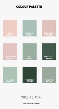 the color palette for green and pink is shown in several different shades, including pales,