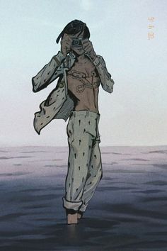 a drawing of a person walking in the water with an umbrella over their head and jacket on