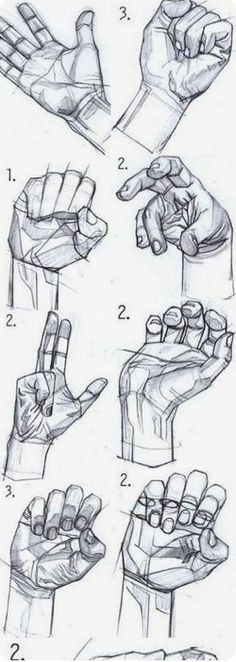 some drawings of hands and fingers with different positions to hold the hand, one is pointing at