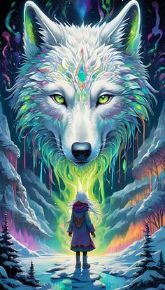 a person standing in front of a white wolf with green eyes and an icy landscape