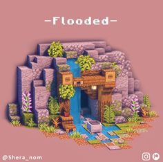 an image of a game screen with the words flooded on it and a small waterfall