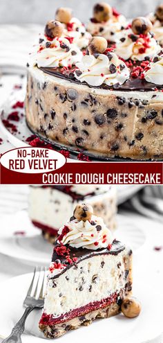 no - bake red velvet cookie dough cheesecake with chocolate chips and cherries