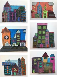 four pictures of different houses made out of colored crayon pencils and paper