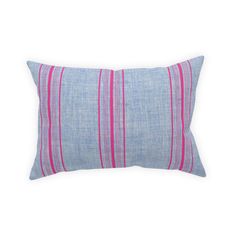 a blue and pink striped pillow on a white background