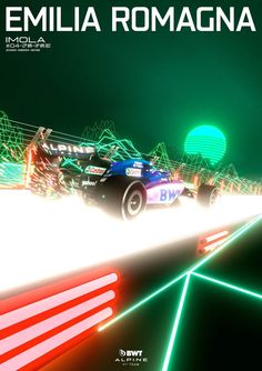 an animated image of a car driving on a track with neon lights in the background