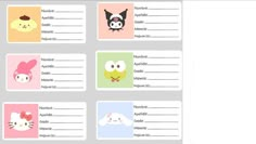 a set of four stickers with cartoon animals on them, including cats and birds