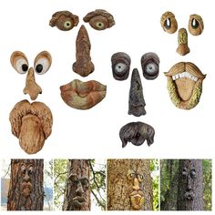 several different types of trees with faces on them