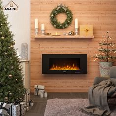 a living room with a christmas tree and fireplace