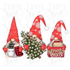 two gnomes with christmas hats and presents in front of a white background that says happy holidays