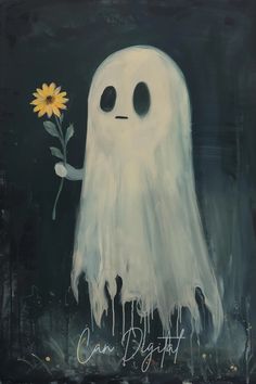 a painting of a white ghost holding a yellow flower