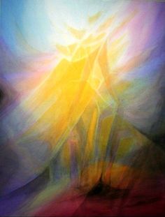 an abstract painting with the sun shining through it's rays and colors, as well as