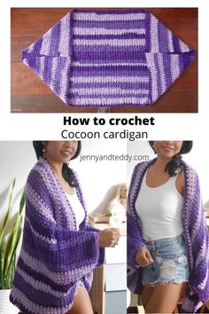 a woman wearing a purple and white striped crochet shawl with text that says how to crochet cocoon cardigan