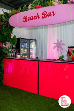 Pink bar with a pink surfboard with 'beach bar' written on it hanging above Beach Club Birthday Theme, A Night In Miami Theme, Miami Beach Party, Disney Frames, Bat Mitzvah Themes