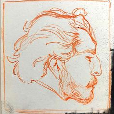 a drawing of a man's head with long hair and beard in red ink