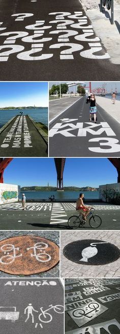 there are many different pictures of people riding bikes on the road and in the street