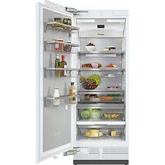 an open refrigerator with its door wide open and food in the freezer compartment on both sides