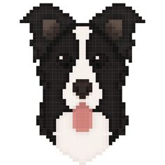 a black and white dog with its tongue out is shown in pixel art style on a white background