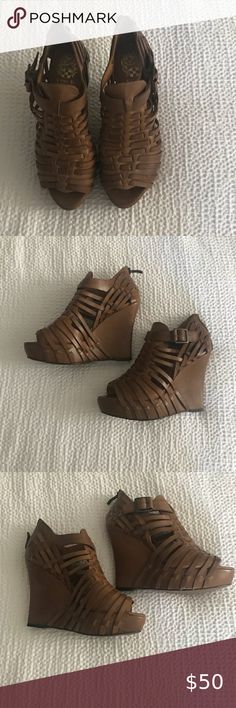 Vince Camuto platform leather wedges! SUMMER SEXY WEDGE!!! Woven style leather platform wedge! Camel/Tan. Ankle strap and back zipper. Never worn. Vince Camuto Shoes Wedges Weave Style, Vince Camuto Shoes, Platform Wedge, Leather Wedges, Womens Shoes Wedges, Platform Wedges, Shoes Wedges, Vince Camuto