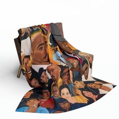 a chair covered in many different pictures of the same person and their faces on it