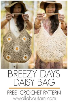 the free crochet bag pattern is shown in three different pictures with text that reads,