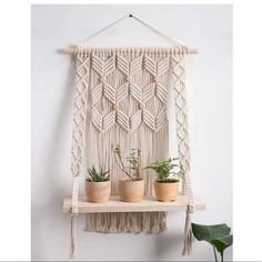 a macrame wall hanging with potted plants