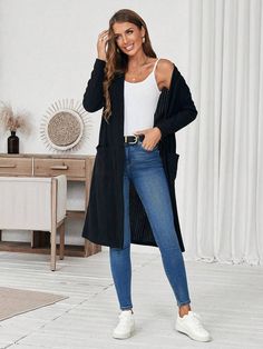 Style:Casual \nPlacket:Double Breasted \nDetails:Pocket \nType:Other \nSleeve Type:Drop Shoulder \nColor:Black \nPattern Type:Plain \nSleeve Length:Long Sleeve \nLength:Long \nFit Type:Regular Fit \nFabric:High Stretch \nMaterial:Knitted Fabric \nComposition:95% Polyester \nComposition:5% Elastane \nCare Instructions:Machine wash or professional dry clean \nLined For Added Warmth:No \nTemperature:Spring/Fall (18-25℃/63-77℉) \nPockets:No \nSheer:No \nBody:Unlined \n Long Black Cardigan, Women Coats, Casual Home, Home Wear, Long Cardigan, Outerwear Women, Maternity Bag, Winter Women, Drop Shoulder