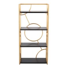 a black and gold book shelf with three shelves on each side, one holding a circular object