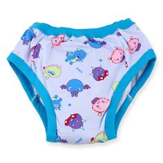 a blue and white diaper with cartoon animals on it's side, in front of a white background