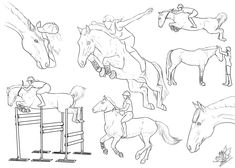 an image of horses and jockeys jumping over the hurdle line art drawing by hand