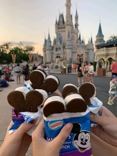 someone holding up some kind of ice cream with mickey mouse ears on it in front of a castle