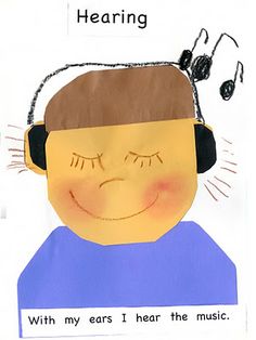 a child's drawing of a boy with headphones on his ears and the words, hearing